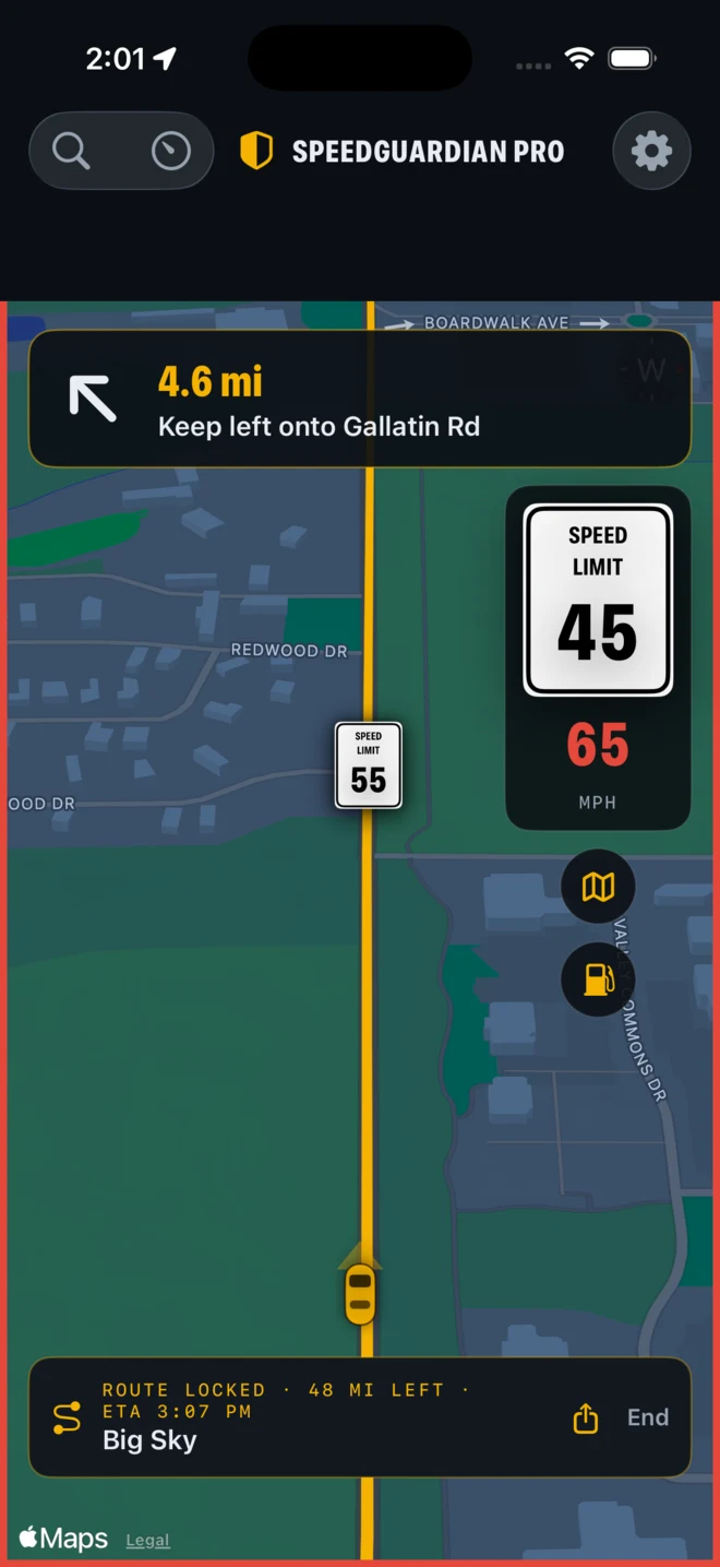 SpeedGuardian Pro guarded navigation: map with the route locked, next turn banner, and your speed in red beside the posted 45 mph limit